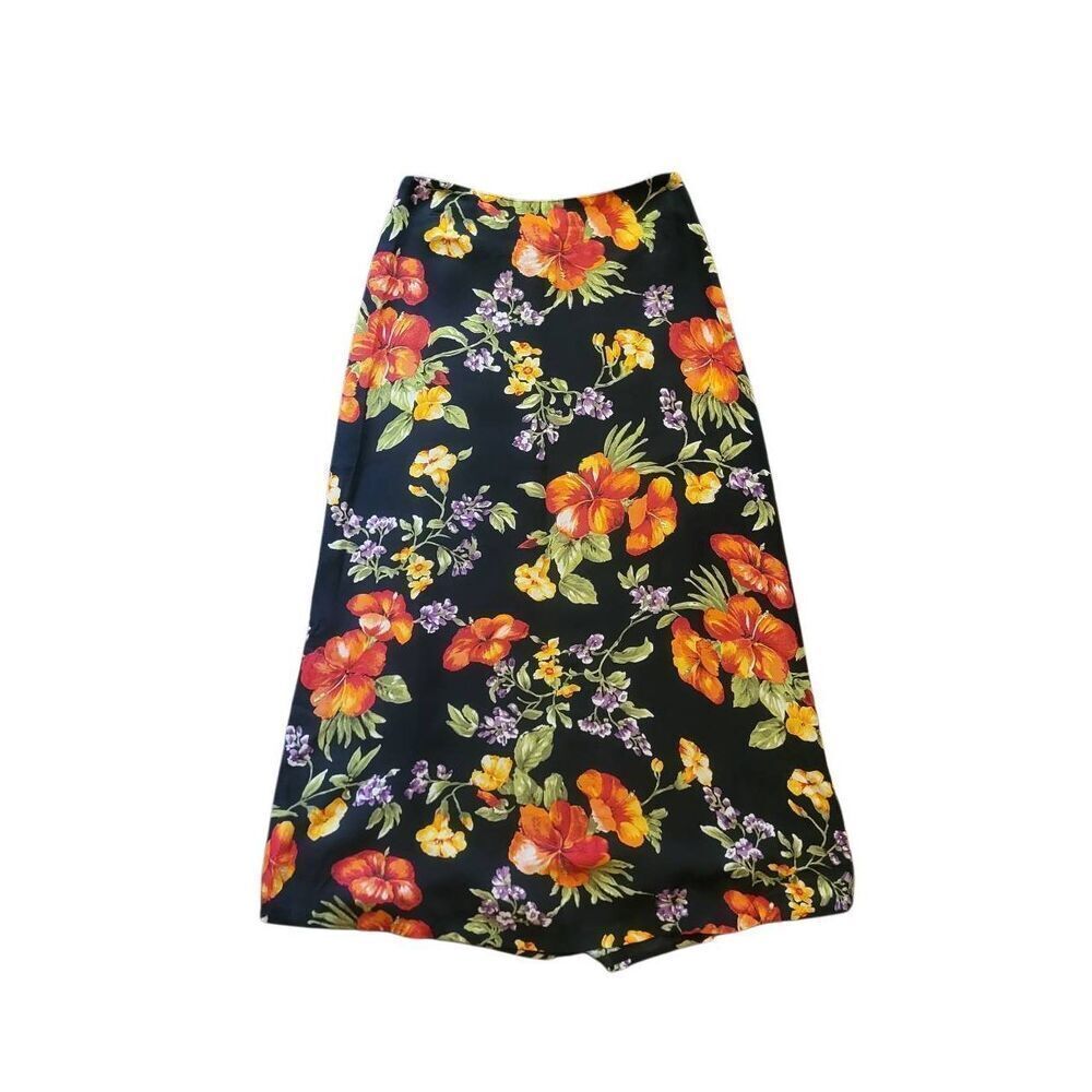 Vintage Skirt Women's Small Black Floral Tropical Silk Maxi Resort Summer